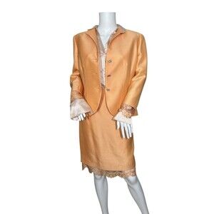 SUNNY CHOI Vintage Womens Skirt Suit Size 12 Peach Silk Wool Blend Lace Trim